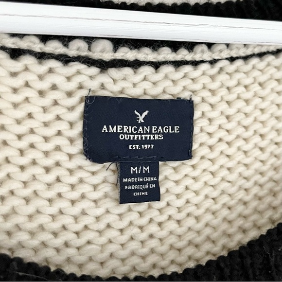 American Eagle Wool Cable Knit Fair Isle Knit Sweater Black White Size Medium - Picture 5 of 9